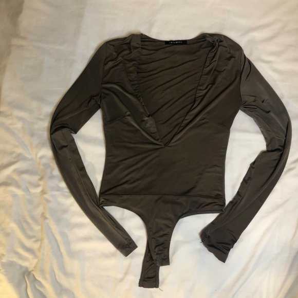 Olive Shiny Deep V Neck Body Suit - Picture 7 of 7